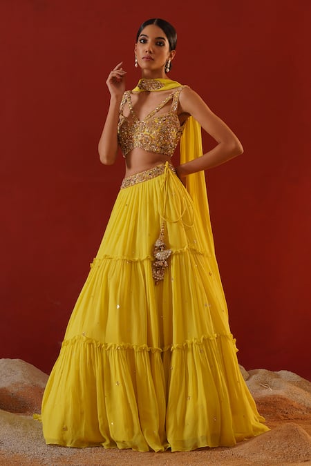 Shop_Kapda Dori_Yellow Viscose, Georgette, Linen Sequins, Embroidered Tiered Lehenga Set _Online_at_Aza_Fashions