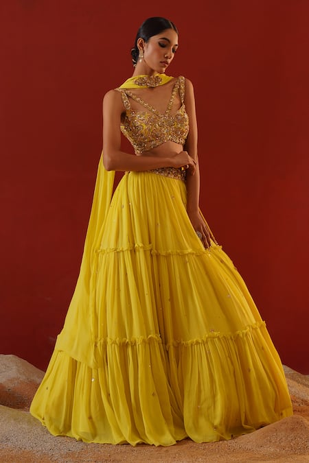 Kapda Dori_Yellow Viscose, Georgette, Linen Sequins, Embroidered Tiered Lehenga Set _at_Aza_Fashions