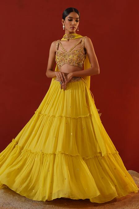 Buy Kapda Dori Yellow Viscose, Georgette, Linen Sequins, Embroidered Tiered Lehenga Set Buy_Kapda Dori_Yellow Viscose, Georgette, Linen Sequins, Embroidered Tiered Lehenga Set