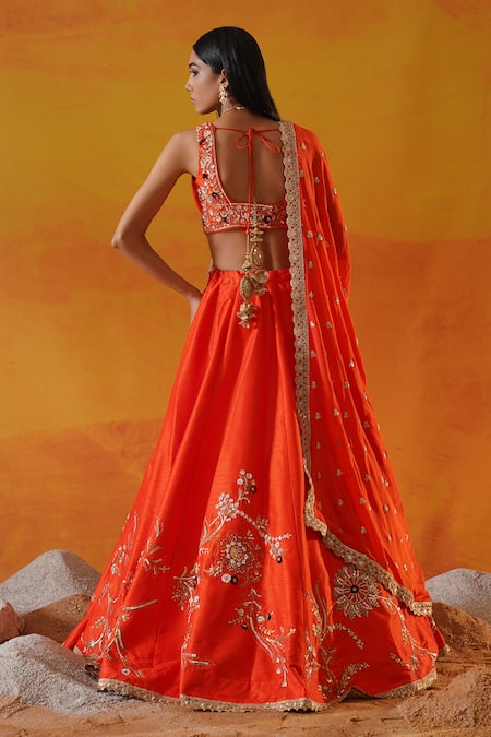 Kapda Dori Orange Silk, Chiffon Sequins, Pearls, Floral Vine Embroidered Lehenga Set Online at Aza Fashions Kapda Dori_Orange Silk, Chiffon Sequins, Pearls, Floral Vine Embroidered Lehenga Set _Online_at_Aza_Fashions