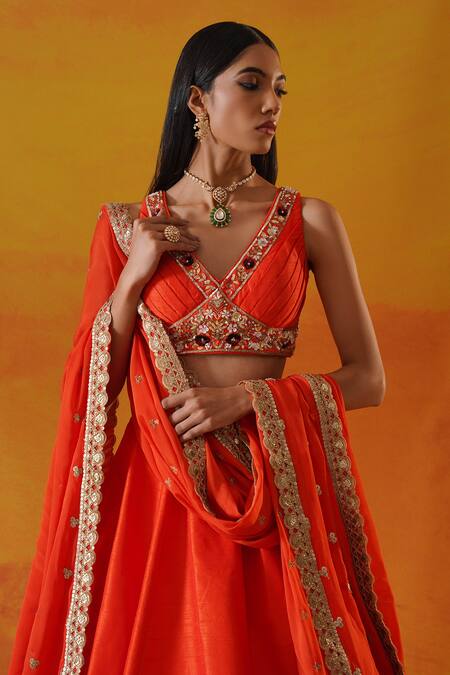 Buy Kapda Dori Orange Silk, Chiffon Sequins, Pearls, Floral Vine Embroidered Lehenga Set Online at Aza Fashions Buy_Kapda Dori_Orange Silk, Chiffon Sequins, Pearls, Floral Vine Embroidered Lehenga Set _Online_at_Aza_Fashions