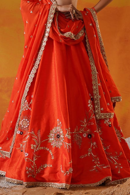 Shop Kapda Dori Orange Silk, Chiffon Sequins, Pearls, Floral Vine Embroidered Lehenga Set Online at Aza Fashions Shop_Kapda Dori_Orange Silk, Chiffon Sequins, Pearls, Floral Vine Embroidered Lehenga Set _Online_at_Aza_Fashions