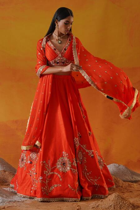 Kapda Dori_Orange Silk, Chiffon Sequins, Pearls, Floral Vine Embroidered Lehenga Set _at_Aza_Fashions