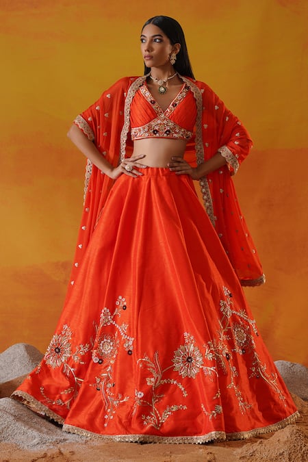 Buy Kapda Dori Orange Silk, Chiffon Sequins, Pearls, Floral Vine Embroidered Lehenga Set Buy_Kapda Dori_Orange Silk, Chiffon Sequins, Pearls, Floral Vine Embroidered Lehenga Set