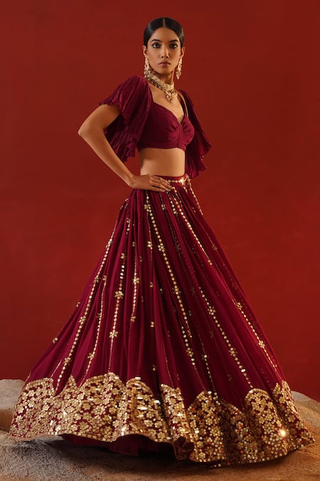 Buy_Kapda Dori_Burgundy Crepe, Leatherette, Georgette Sequins Embroidered Lehenga Set _Online_at_Aza_Fashions