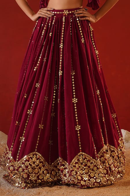 Shop_Kapda Dori_Burgundy Crepe, Leatherette, Georgette Sequins Embroidered Lehenga Set _Online_at_Aza_Fashions
