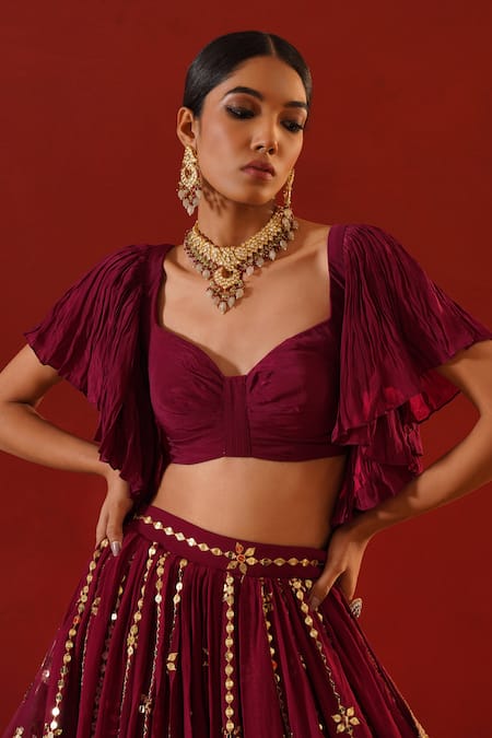Kapda Dori_Burgundy Crepe, Leatherette, Georgette Sequins Embroidered Lehenga Set _at_Aza_Fashions