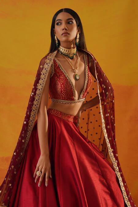 Buy Kapda Dori Maroon Brocade, Taffeta, Net Sequins, Embroidery Woven Floral Panel Lehenga Set Online at Aza Fashions Buy_Kapda Dori_Maroon Brocade, Taffeta, Net Sequins, Embroidery Woven Floral Panel Lehenga Set _Online_at_Aza_Fashions