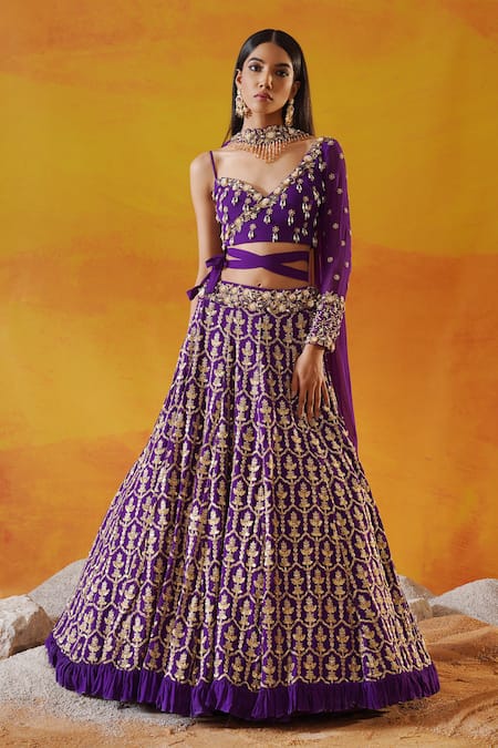 Shop Kapda Dori Purple Georgette, Linen Sequins, Pearls, Cut Work, Crystals, Lehenga Set Online at Aza Fashions Shop_Kapda Dori_Purple Georgette, Linen Sequins, Pearls, Cut Work, Crystals, Lehenga Set _Online_at_Aza_Fashions