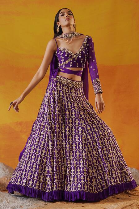 Kapda Dori_Purple Georgette, Linen Sequins, Pearls, Cut Work, Crystals, Lehenga Set _at_Aza_Fashions