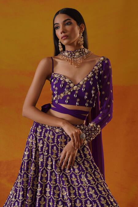 Buy_Kapda Dori_Purple Georgette, Linen Sequins, Pearls, Cut Work, Crystals, Lehenga Set 