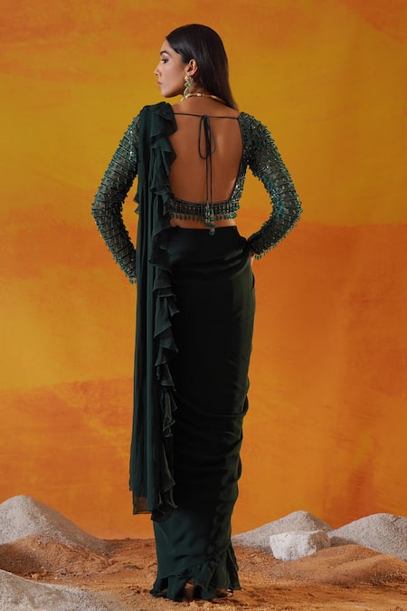 Kapda Dori_Green Net, Viscose Sequins, Cut Work Plunge Embroidered Pre-draped Ruffle Saree _Online_at_Aza_Fashions