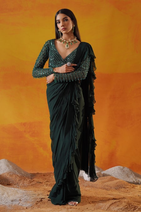 Buy_Kapda Dori_Green Net, Viscose Sequins, Cut Work Plunge Embroidered Pre-draped Ruffle Saree _Online_at_Aza_Fashions