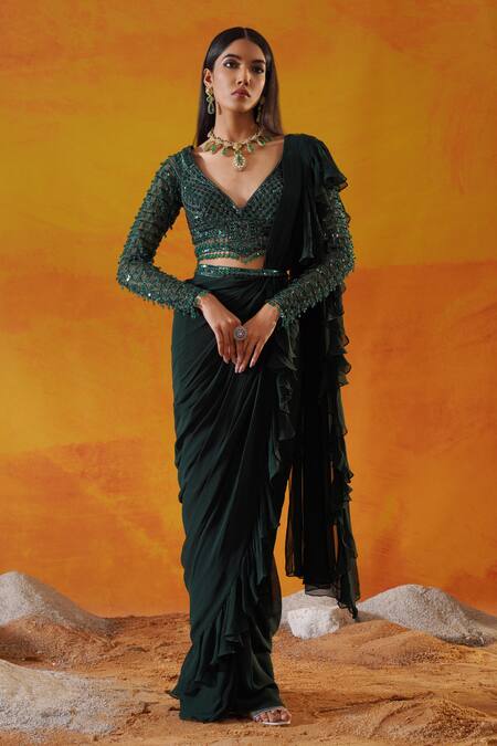 Shop_Kapda Dori_Green Net, Viscose Sequins, Cut Work Plunge Embroidered Pre-draped Ruffle Saree _Online_at_Aza_Fashions