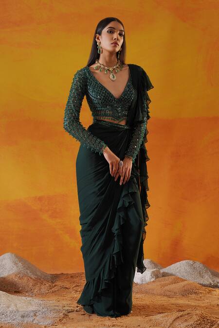 Kapda Dori_Green Net, Viscose Sequins, Cut Work Plunge Embroidered Pre-draped Ruffle Saree _at_Aza_Fashions