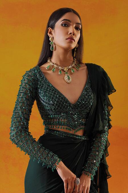 Buy Kapda Dori Green Net, Viscose Sequins, Cut Work Plunge Embroidered Pre-draped Ruffle Saree Buy_Kapda Dori_Green Net, Viscose Sequins, Cut Work Plunge Embroidered Pre-draped Ruffle Saree