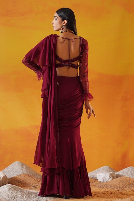 Kapda Dori Maroon Ruffle Pre-Draped Saree & Blouse 