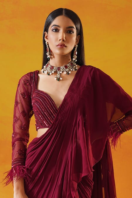 Buy_Kapda Dori_Maroon Net, Silk, Viscose, Georgette Cut Work, Ruffle Pre-draped Saree And Blouse _Online_at_Aza_Fashions