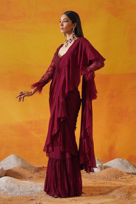 Shop_Kapda Dori_Maroon Net, Silk, Viscose, Georgette Cut Work, Ruffle Pre-draped Saree And Blouse _Online_at_Aza_Fashions