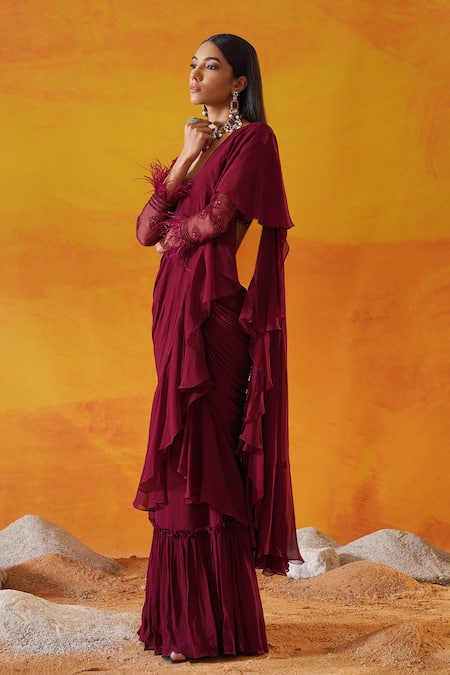 Kapda Dori_Maroon Net, Silk, Viscose, Georgette Cut Work, Ruffle Pre-draped Saree And Blouse _at_Aza_Fashions