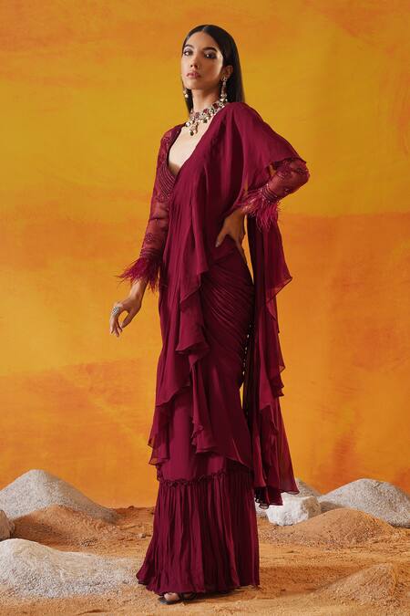 Buy_Kapda Dori_Maroon Net, Silk, Viscose, Georgette Cut Work, Ruffle Pre-draped Saree And Blouse 