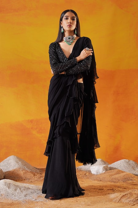 Kapda Dori_Black Net, Viscose, Georgette Cut Work, Embellished Ruffle Pre-draped Saree Set _Online_at_Aza_Fashions