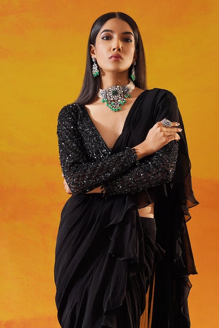 Buy_Kapda Dori_Black Net, Viscose, Georgette Cut Work, Embellished Ruffle Pre-draped Saree Set _Online_at_Aza_Fashions