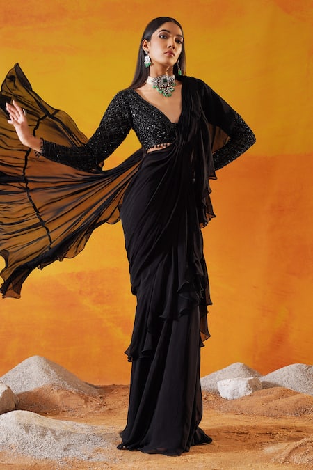 Shop_Kapda Dori_Black Net, Viscose, Georgette Cut Work, Embellished Ruffle Pre-draped Saree Set _Online_at_Aza_Fashions