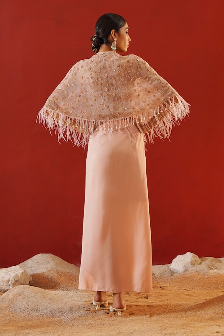 Kapda Dori_Pink Net, Satin Sequins, Crystals, 3d Floral Vine Embroidered Cape Dhoti Set _Online_at_Aza_Fashions