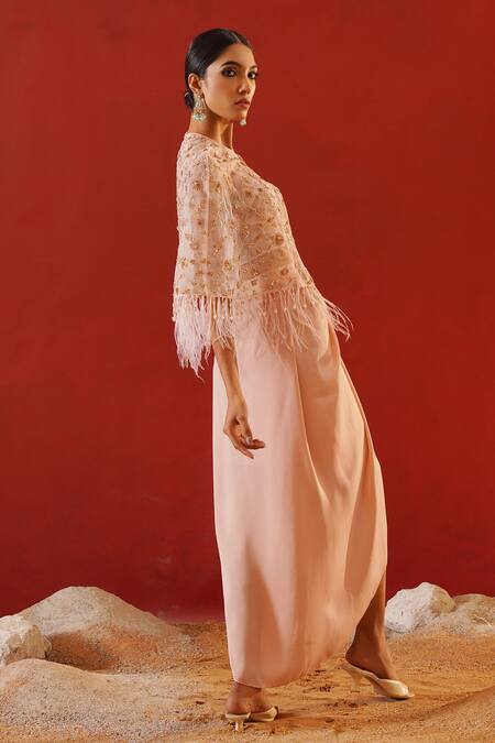 Buy_Kapda Dori_Pink Net, Satin Sequins, Crystals, 3d Floral Vine Embroidered Cape Dhoti Set _Online_at_Aza_Fashions