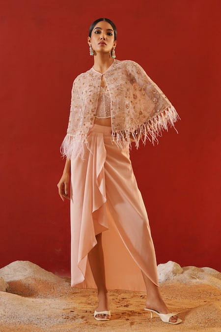 Shop_Kapda Dori_Pink Net, Satin Sequins, Crystals, 3d Floral Vine Embroidered Cape Dhoti Set _Online_at_Aza_Fashions