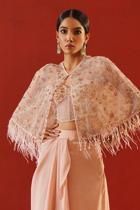 Buy_Kapda Dori_Pink Net, Satin Sequins, Crystals, 3d Floral Vine Embroidered Cape Dhoti Set 
