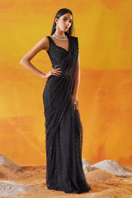 Buy_Kapda Dori_Black Net Cut Work, Sequins, Cutdana Embroidered Pre-draped Saree And Blouse _Online_at_Aza_Fashions