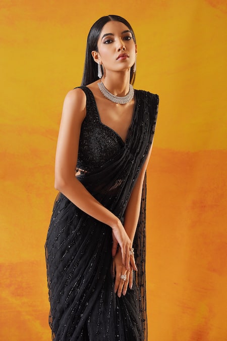 Shop_Kapda Dori_Black Net Cut Work, Sequins, Cutdana Embroidered Pre-draped Saree And Blouse _Online_at_Aza_Fashions