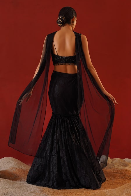 Kapda Dori_Black Net, Linen Cut Work, Stones, Sequins, Tonal Lace Mermaid Lehenga Set _Online_at_Aza_Fashions