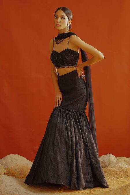 Buy_Kapda Dori_Black Net, Linen Cut Work, Stones, Sequins, Tonal Lace Mermaid Lehenga Set _Online_at_Aza_Fashions