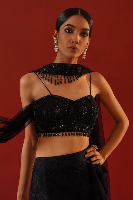 Shop_Kapda Dori_Black Net, Linen Cut Work, Stones, Sequins, Tonal Lace Mermaid Lehenga Set _Online_at_Aza_Fashions