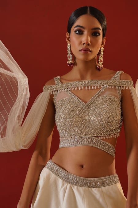 Kapda Dori Ivory Silk, Net Sequins, Crystals Sweetheart Embroidered Lehenga And Cape Set at Aza Fashions Kapda Dori_Ivory Silk, Net Sequins, Crystals Sweetheart Embroidered Lehenga And Cape Set _at_Aza_Fashions