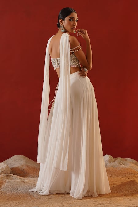 Kapda Dori_Ivory Net, Linen, Georgette Pearls, Sequins, Tonal Embroidered Sharara Set _Online_at_Aza_Fashions