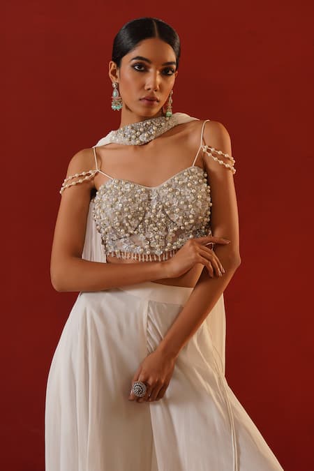 Buy_Kapda Dori_Ivory Net, Linen, Georgette Pearls, Sequins, Tonal Embroidered Sharara Set _Online_at_Aza_Fashions