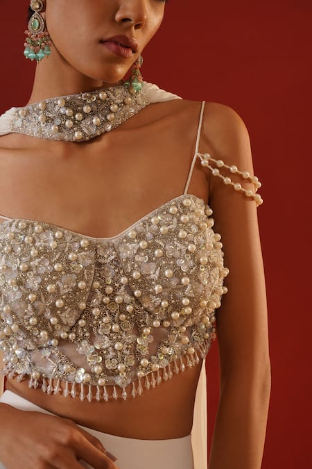 Kapda Dori_Ivory Net, Linen, Georgette Pearls, Sequins, Tonal Embroidered Sharara Set _at_Aza_Fashions