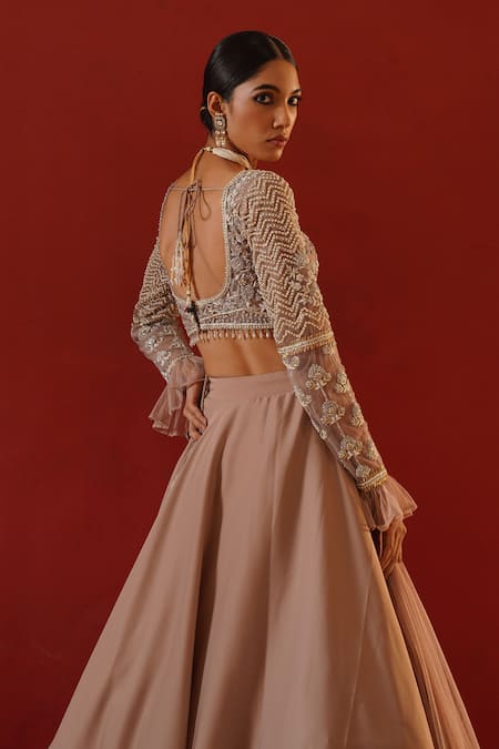Kapda Dori_Beige Net, Satin Crystals, Cut Work, Sequins Sweetheart Embroidered Lehenga Set _Online_at_Aza_Fashions