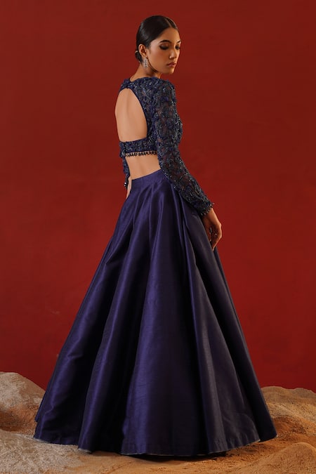 Kapda Dori_Blue Net, Silk, Cotton Sequins, Cut Work, Navy 3d Embroidered Lehenga Set _Online_at_Aza_Fashions