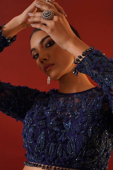 Shop_Kapda Dori_Blue Net, Silk, Cotton Sequins, Cut Work, Navy 3d Embroidered Lehenga Set _Online_at_Aza_Fashions