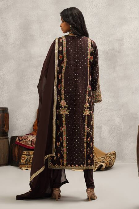 Kapda Dori_Brown Lycra, Organza, Silk, Linen Cut Work, Embroidery, Sequins, Gul Kurta Set _Online_at_Aza_Fashions