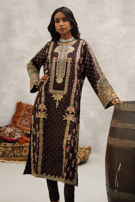 Buy_Kapda Dori_Brown Lycra, Organza, Silk, Linen Cut Work, Embroidery, Sequins, Gul Kurta Set _Online_at_Aza_Fashions