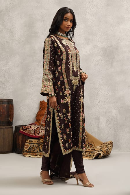 Shop_Kapda Dori_Brown Lycra, Organza, Silk, Linen Cut Work, Embroidery, Sequins, Gul Kurta Set _Online_at_Aza_Fashions