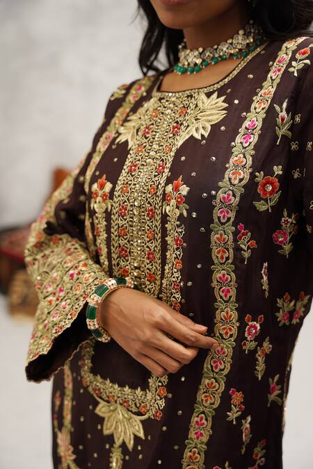 Kapda Dori_Brown Lycra, Organza, Silk, Linen Cut Work, Embroidery, Sequins, Gul Kurta Set _at_Aza_Fashions