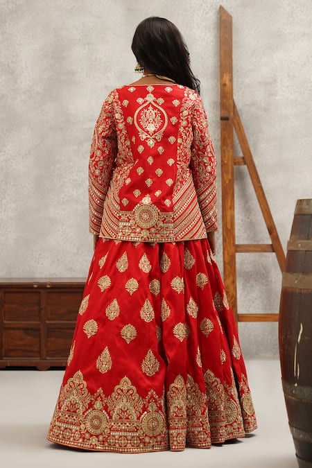 Kapda Dori_Red Silk Cut Work, Zari, Sequins, Stones Damask Embroidered Jacket And Lehenga Set _Online_at_Aza_Fashions
