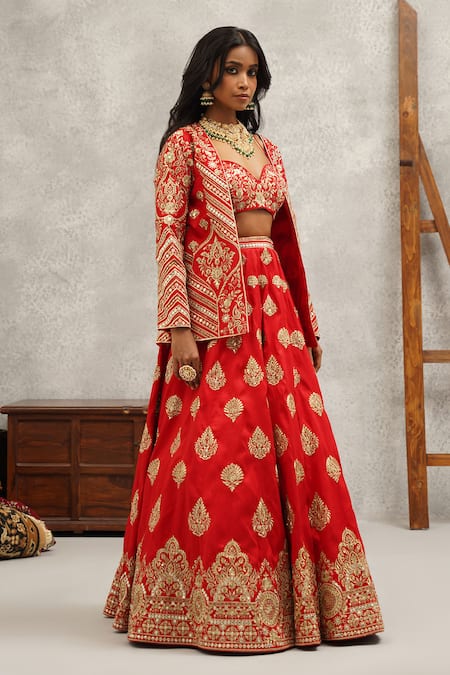 Buy_Kapda Dori_Red Silk Cut Work, Zari, Sequins, Stones Damask Embroidered Jacket And Lehenga Set _Online_at_Aza_Fashions